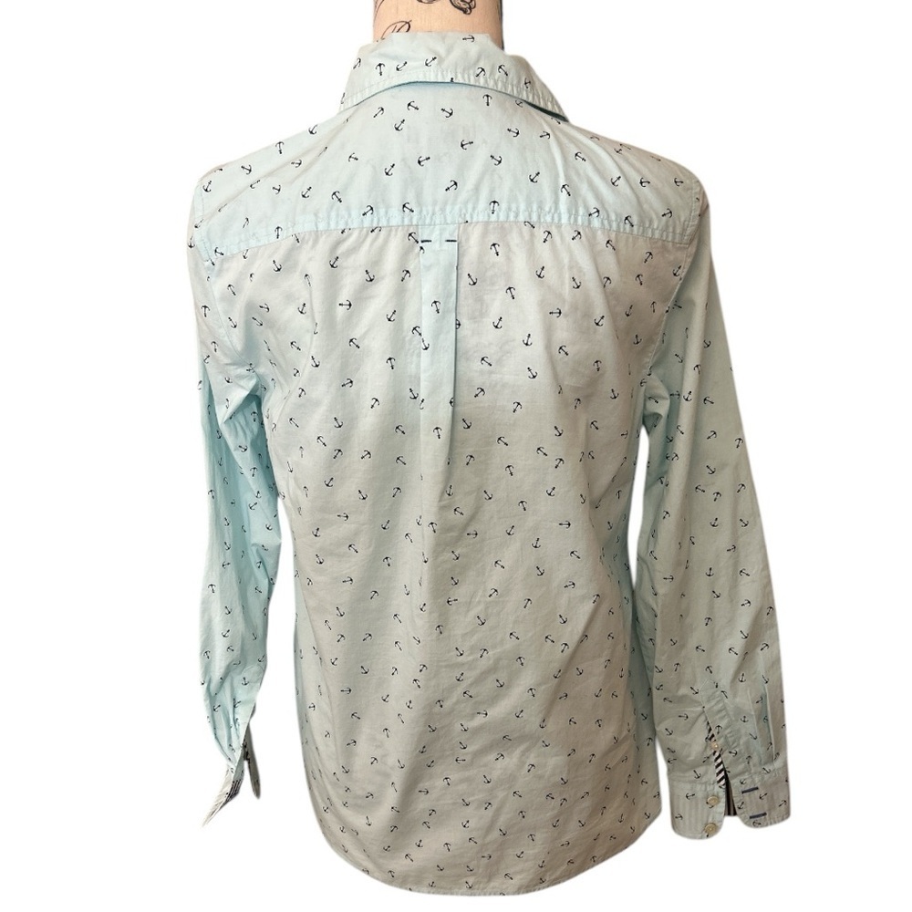 Talbots Long Sleeve Cotton Anchor Nautical Vacation Coastal Button Front Blouse - Picture 6 of 8